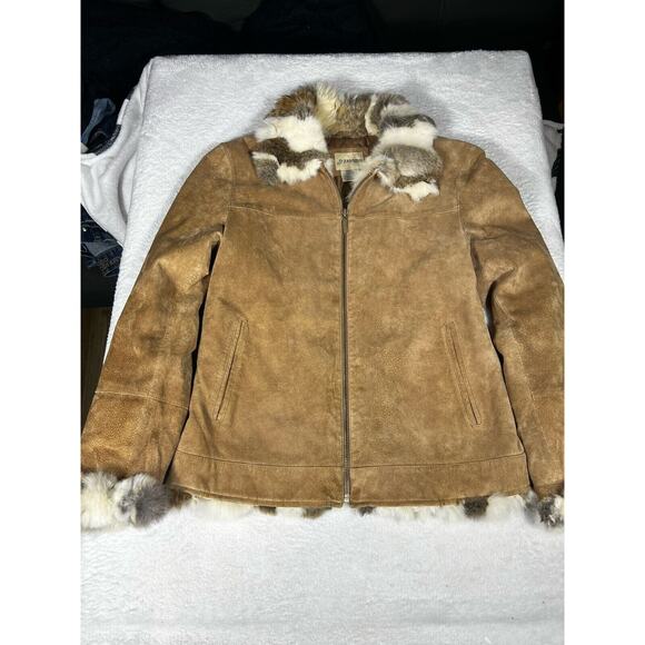 St Johns Bay Suede Leather Bomber Jacket Rabbit Fur Lined Size S Brown Full Zip - Picture 1 of 16